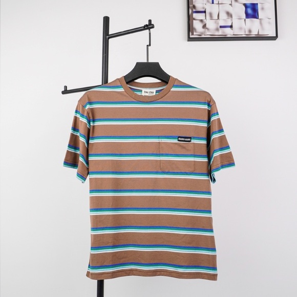 Miu Miu Striped Tee in Brown and Blue - Picture 1 of 9